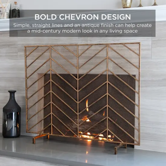 Best Choice Products 38x31in Single Panel Handcrafted Iron Chevron Fireplace Screen w/ Distressed Finish Gold {2}