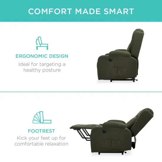 Best Choice Products Electric Power Lift Linen Recliner Massage Chair Furniture w/ USB Port, Heat, Cupholders Olive {6}