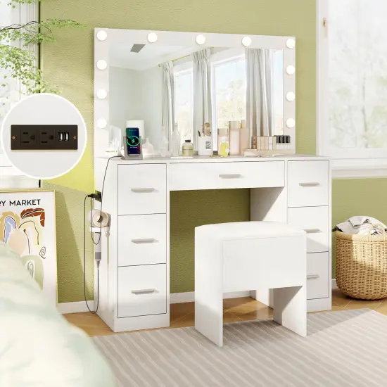 Costway Vanity Desk with Mirror and Lights Storage Stool Power Outlets 3 Lighting Colors {2}