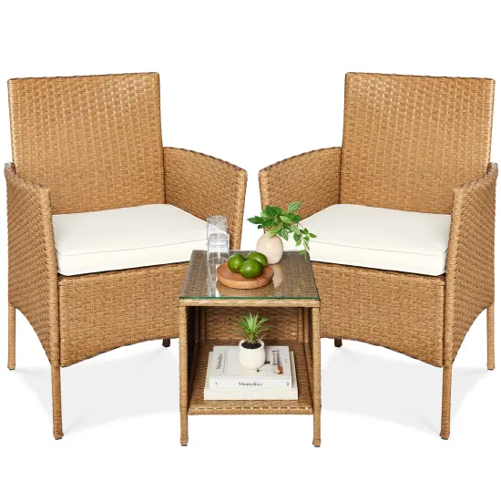 Best Choice Products 3-Piece Outdoor Wicker Conversation Patio Bistro Set, w/ 2 Chairs, Table Natural/Ivory {1}