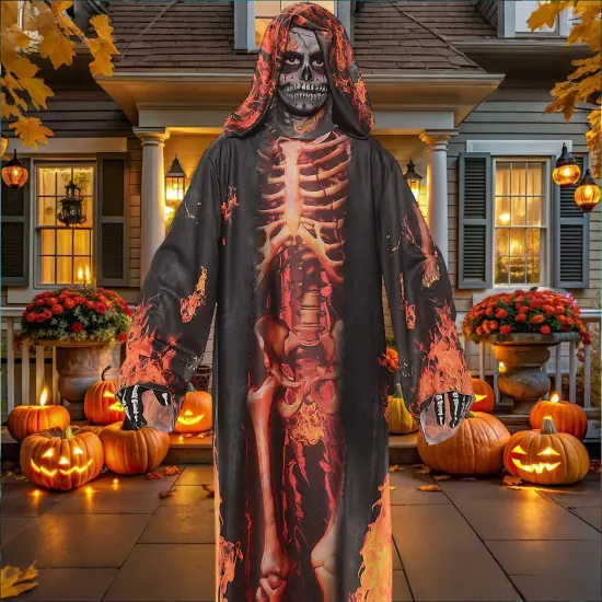 Boy's Underworld Skeleton Robe Costume with Hooded Flame Print {4}