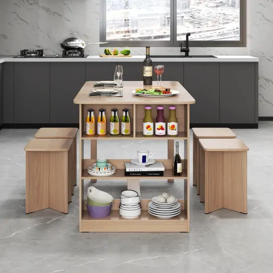 Costway 5 PCS Dining Table Set with Storage Shelf Rectangular Kitchen Table with 4 Stools Beige/Gray {4}