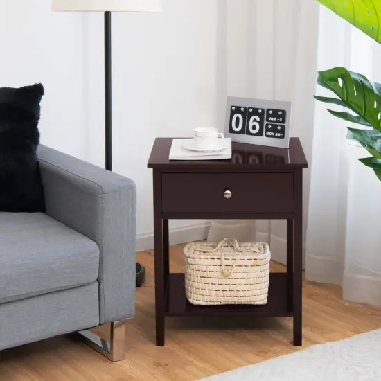 Costway Nightstand with Drawer Storage Shelf Wooden Bedside Sofa Side Table White\Brown {2}