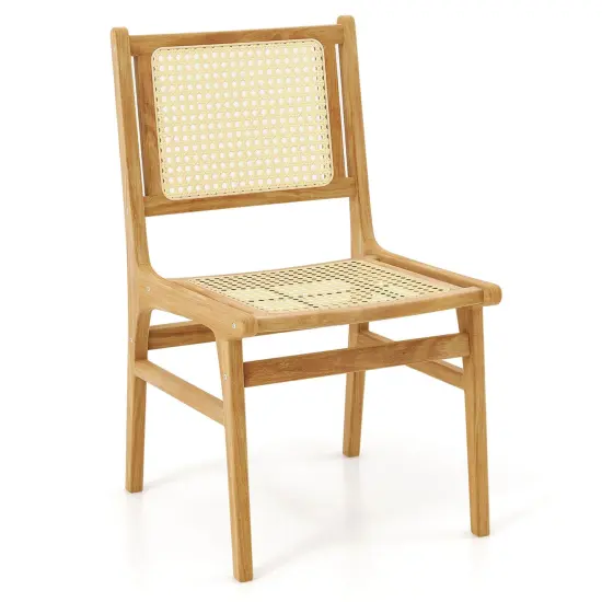 Costway 1/2 PCS Rattan Dining Chair withNatural Cane Woven Backrest & Seat & Teak Wood Frame {1}