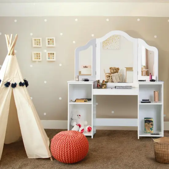 Costway Vanity Table Set Makeup Dressing Kids Girls Study Table Tri Folding Mirror {2}