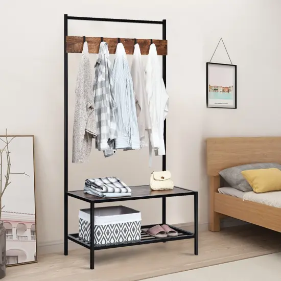 COSTWAY 3 in 1 Industrial Coat Rack Shoe Bench Entryway Hall Tree Storage Shelf w/ Hooks {2}