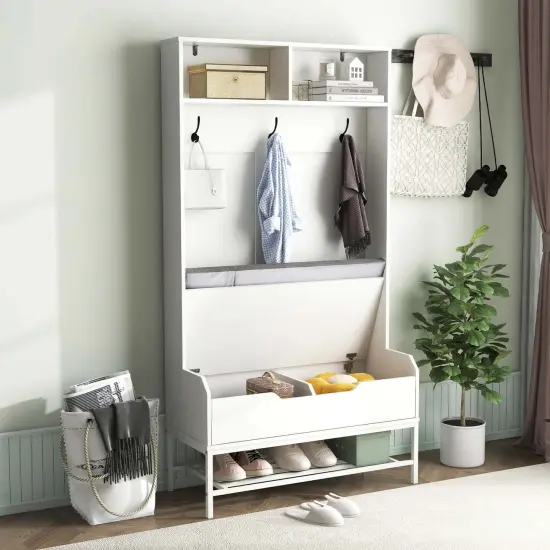 Costway 69" Tall Hall Tree with Seat Cushion Open Compartments Hooks Lift-top Storage White/Black/Rustic Brown {5}