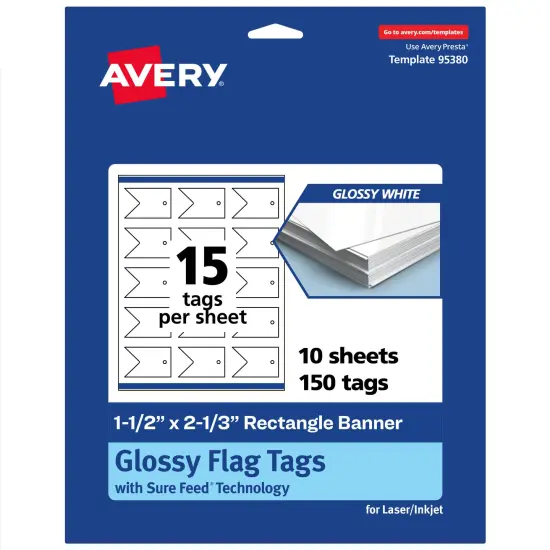 Avery Printable Banner Rectangle Flag Tags, Sure Feed Technology, 1-1/2" x 2-1/3", Glossy White Cardstock, Print-to-The-Edge, Laser/Inkjet Printable, 150 Total {7}