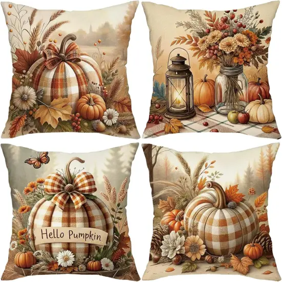 Hello Plaid Pumpkin Fall Throw Pillow Covers {1}