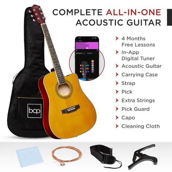 Best Choice Products 41in Full Size Beginner Acoustic Guitar Set with Case, Strap, Capo, Strings Aged Natural {3}