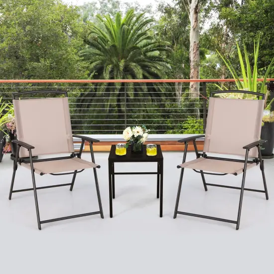 Costway 2 pcs Patio Folding Sling Dining Chairs Armrests Steel Frame Outdoor Beige/Grey {9}