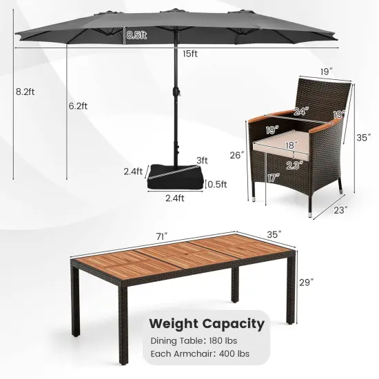Costway 11 PCS Patio Dining Set with 15ft Double-Sided Patio Umbrella (Base Included) Beige/Coffee/Navy/Orange/Wine/Grey {3}