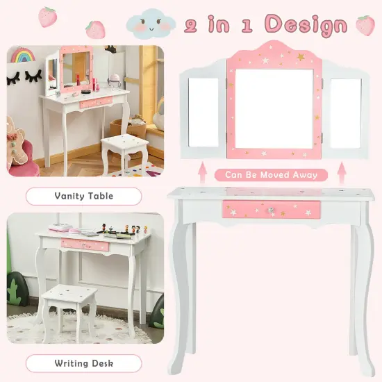 Costway Kids Vanity Princess Makeup Dressing Table Chair Set W/ Tri-folding Mirror {5}