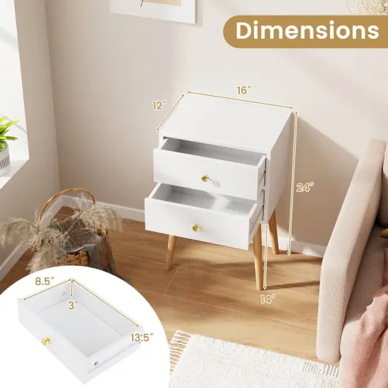 Costway Nightstand Mid-century Modern Bedside Table with 2 Drawers Solid Wood Support Legs {3}
