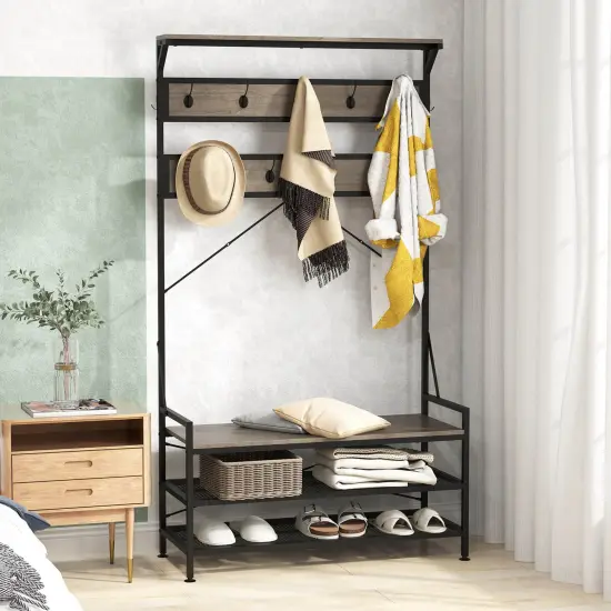 Costway Coat Rack 4-In-1 Hall Tree with 11 Hanging Hooks, Shoe Bench, 2-Tier Shoe Rack Gray/Brown {6}