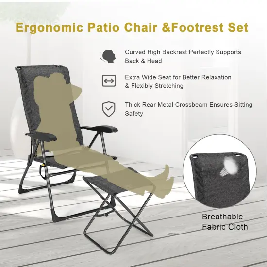 Costway 4PCS Patio Folding Dining Chair Ottoman Set Adjustable Back Camp Gray\Black {6}