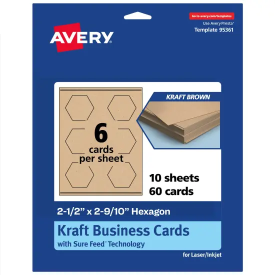 Avery Printable Hexagon Business Cards, Sure Feed Technology, 2-1/2" x 2-9/10", Matte Kraft Brown Cardstock, Print-to-The-Edge, Laser/Inkjet Printable, 60 Total {7}