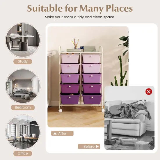 Costway 10-Drawer Storage Cart Utility Rolling Trolley Kitchen Office Organizer Black/Clear/Macaron/Grey/Black Gardient/Multicolor/Pink/RainbowithWhite/Hot Pink/Skin Pink/Purple {5}