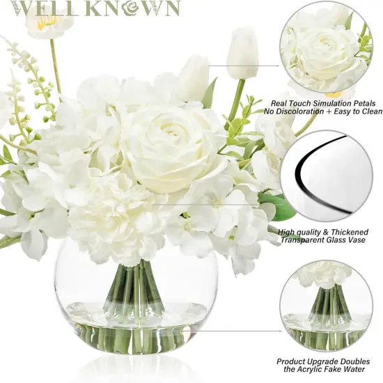 Artificial Flowers for Table Decoration Silk Hydrangea Flowers with Vase Fake Flower Arrangements in Round Bowl Vase with Faux Water for Summer Spring (White) {3}