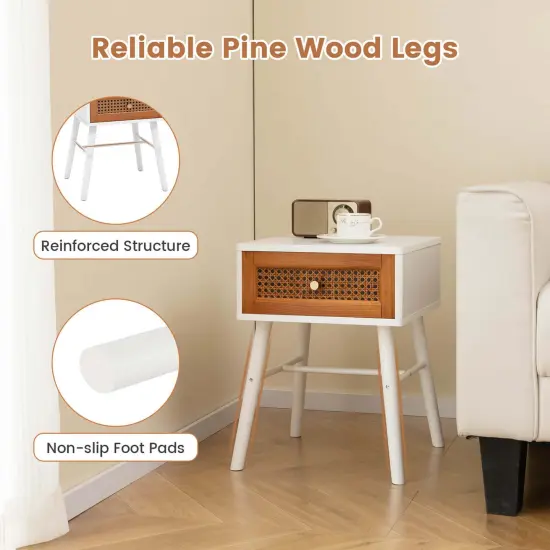 Costway 1/2 PCS Nightstand with Storage Drawer Rattan Decoration Solid Wood Legs for Bedroom {6}