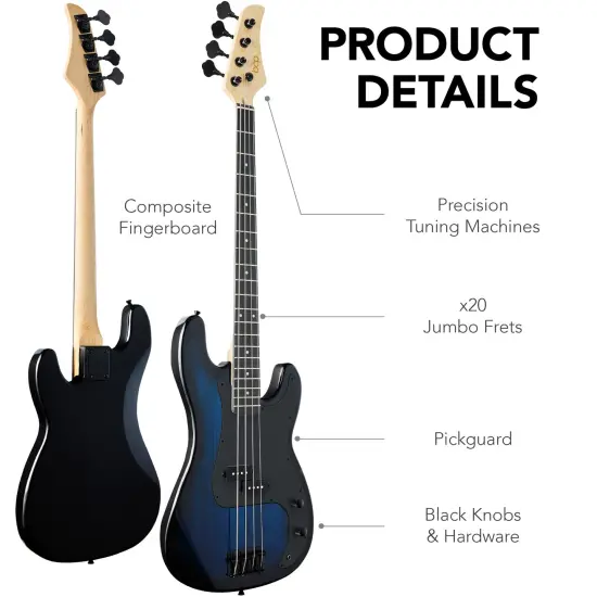 Best Choice Products Full Size Beginner 4-String Electric Guitar Bass Guitar w/ Padded Case Hollywood Blue/Black {5}