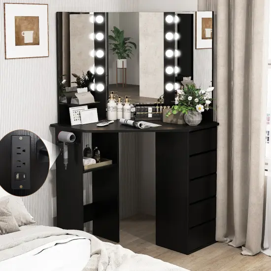 Costway Corner Vanity Desk Cosmetic Vanity Station with LED Mirror,& Power Outlets Black/White {8}