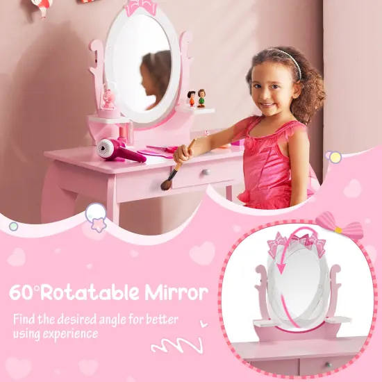 Costway Kid Vanity Table Stool Set with Adjustable Mirror Storage Drawer Makeup Pink {6}