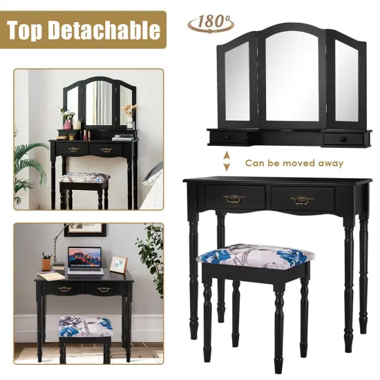 Costway Black Tri Folding Mirror Vanity Makeup Table Stool 4 Drawers {6}