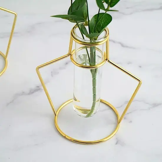 2 Gold Metal Geometric FLOWER VASE HOLDERS Clear Glass Tubes Home Centerpieces {4}