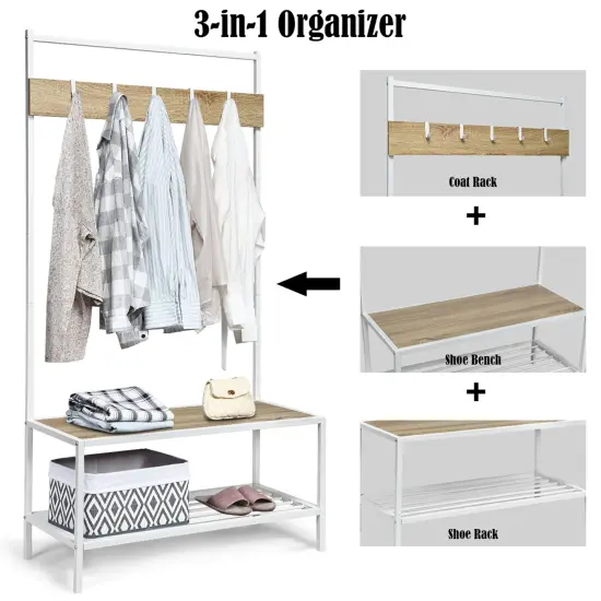 COSTWAY 3 in 1 Industrial Coat Rack Shoe Bench Entryway Hall Tree Storage Shelf w/ Hooks {10}