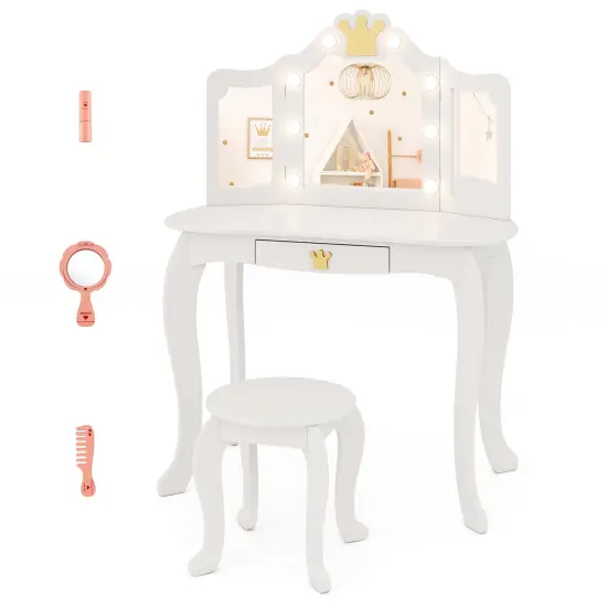 Costway Kids Vanity Set Princess Vanity Table & Chair Set with Lighted Mirror White/Pink/Purple {7}