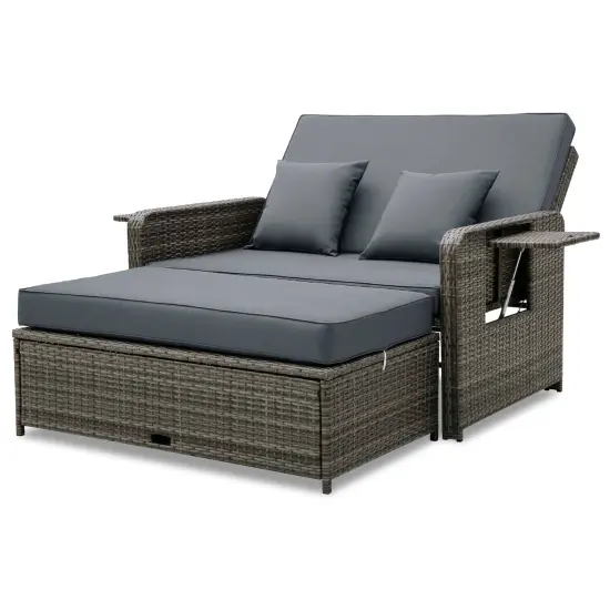 Costway Wicker Loveseat Sofa Set Patio Rattan Daybed with Ottoman & Retractable Side Tray {1}