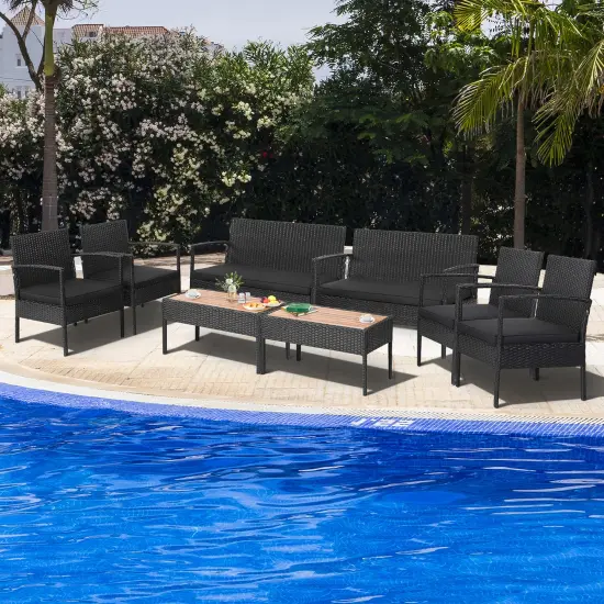 Costway 8PCS Patio Rattan Furniture Set Cushioned Chair Wooden Tabletop Black {1}