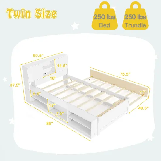 Costway Twin Size Bed Frame with Trundle & Power Outlet Bookcase Headboard Sliding Doors {3}
