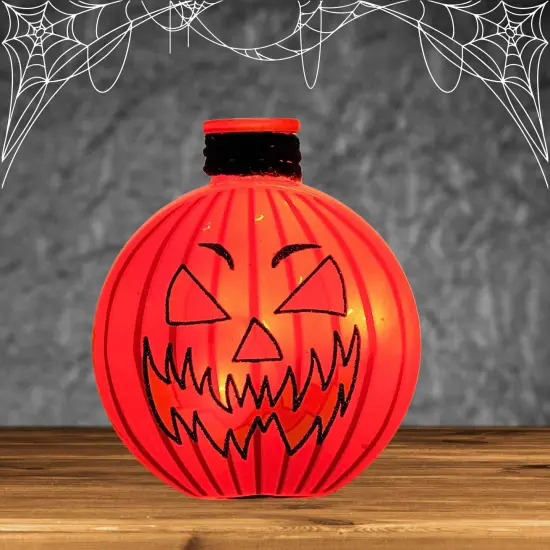 Stony Creek 4.5 Inch Halloween Pre-Lit Round Jar Halloween Lighted Glass Accent , Halloween Decor Jack-O-Lantern STRIPES {4}