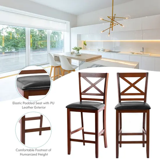 Costway Set of 4 Bar Stools 25'' Counter Height Chairs w/ PU Leather Seat Walnut {4}
