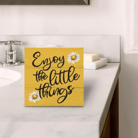 Summer Daisies Wooden Box Sign For Tabletop Decor, Bathroom Shelf Decoration, Farmhouse Living Room Bedroom Wall Decor, Enjoy The Little Things Sign {4}