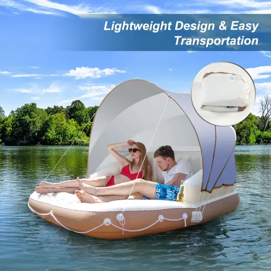 Costway Floating Island Inflatable Swimming Pool Float Lounge Raft with Canopy SPF50+ Retractable Detachable Sunshade with Two Cup Holders White {5}
