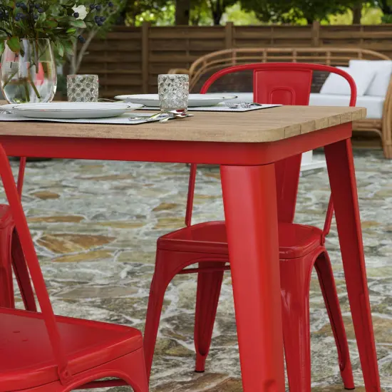 Merrick Lane Dryden Indoor/Outdoor Dining Table with Umbrella Hole, 30" x 60" All Weather Poly Resin Top and Steel Base Brown Top/Red Frame {6}