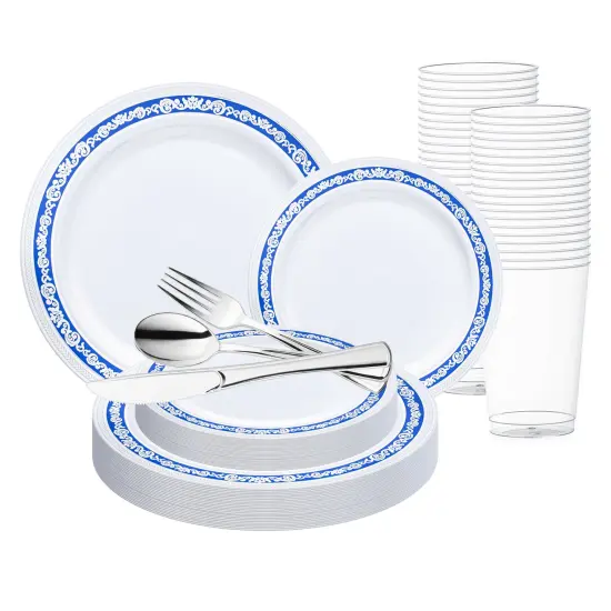 White with Blue and Silver Royal Rim Plastic Wedding Value Set (20 Settings) {1}