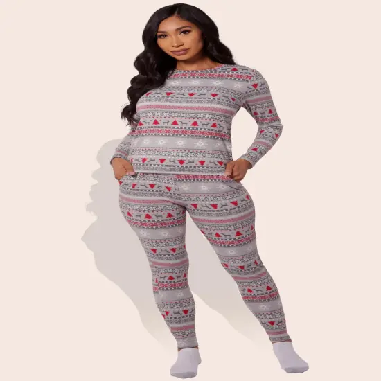Women's Holiday Fleece Pajama Set Cozy Top & Sweatpants Gray, Red & White {3}