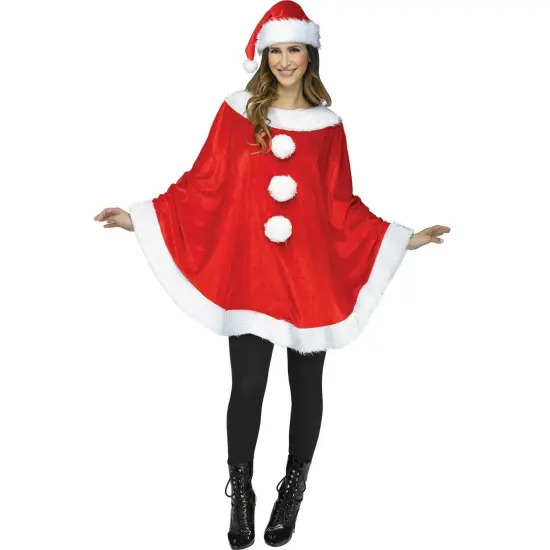 Mrs Santa Claus Womens Adult Christmas Holiday Plush Costume Poncho - Size 4-14 {1}