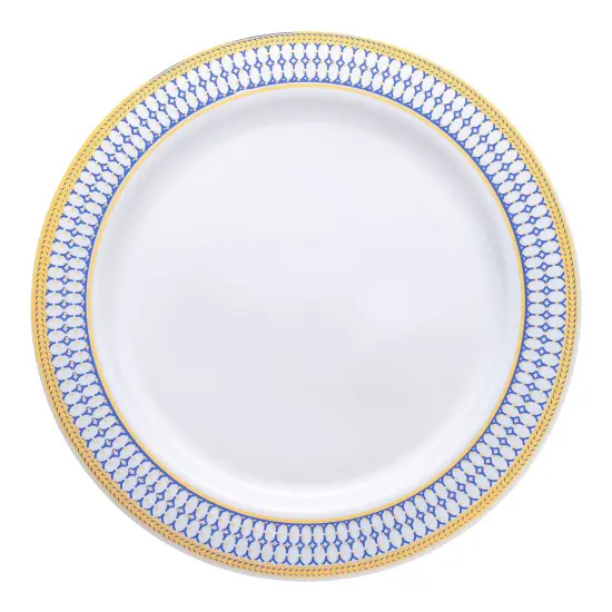 White with Blue and Gold Chord Rim Plastic Dinner Plates - 10.25" (120 Plates) {2}
