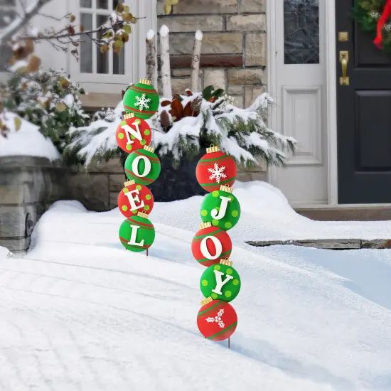 Set of 2 Metal JOY & NOEL Ornament Yard Stake or Wall Decor 2PCS "Green & Red" {7}
