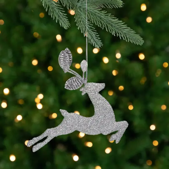 Northlight Leaping Glitter Drenched Reindeer with Faux Gem Christmas Ornament - 5.5" - Silver {1}