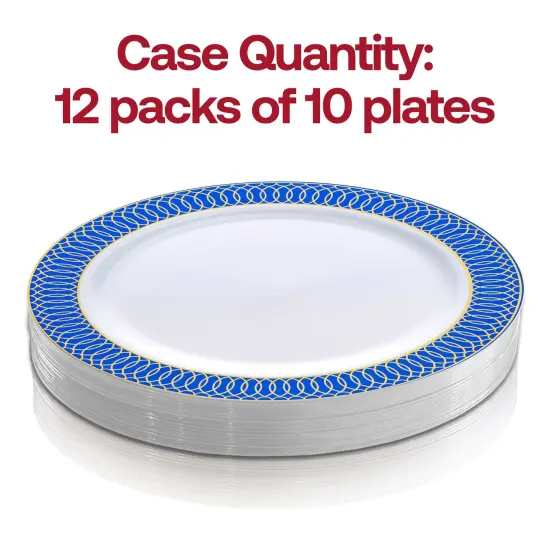 White with Gold Spiral on Blue Rim Plastic Dinner Plates - 10.25" (120 Plates) {4}