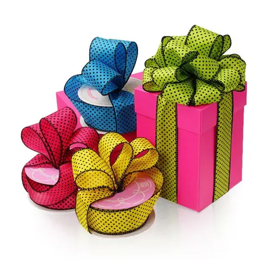 Colored Fabric Ribbon with Black Polka Dots 1.5" x 10 yd Lime / Black {2}