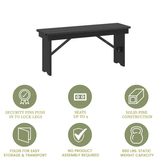 Merrick Lane Antique Solid Pine Folding Farmhouse Style Bench Black Wash {4}