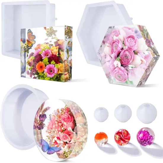 LET'S RESIN Upgrade Epoxy Resin Molds,Large Resin Molds for Flowers Preservation,Glossy Deep Hexagon Square Round Silicone Molds for Resin Casting,Resin Epoxy, DIY Gift, Bookend, Home Decor {1}