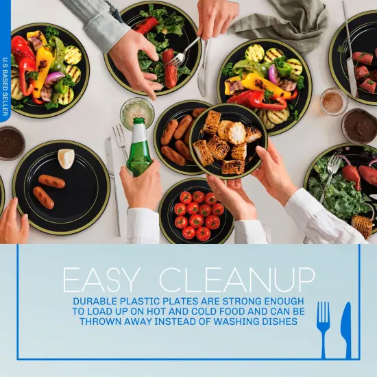 Lot45 Black and Gold Plastic Plates 7.5 Inch - Black Plastic Plates Bulk 100pk {4}